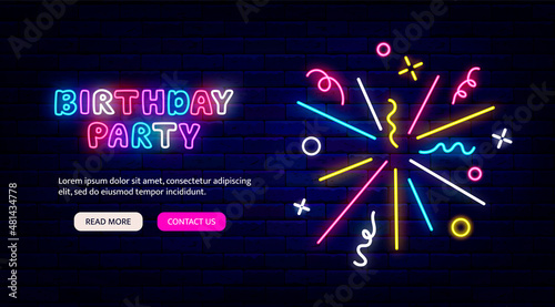 Birthday party neon greeting card. Firework with confetti and streamers. Landing page template. Vector illustration