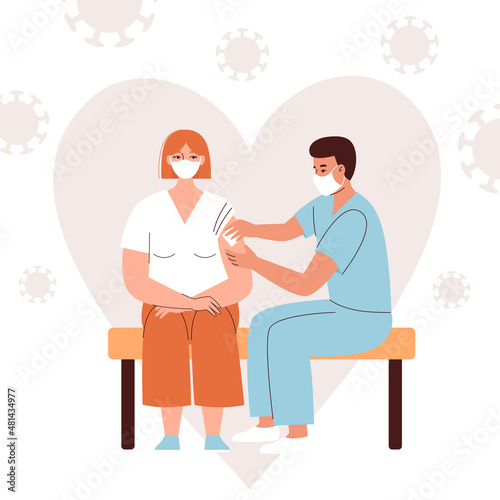 The doctor gives the vaccine to a young woman. Vaccination and health care during the coronavirus pandemic, antiviral medicine. Flat vector illustration