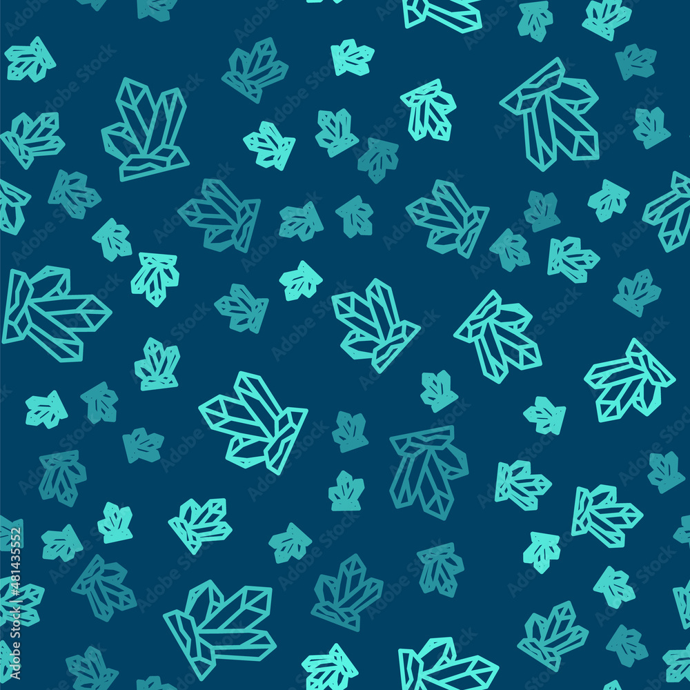 Green line Magic stone icon isolated seamless pattern on blue background. Fantasy crystal. Jewelry gem for game. Vector