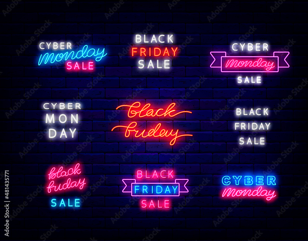 Fototapeta premium Black friday text collection. Cyber monday sale neon label lettering. Luminous logo. Vector stock illustration
