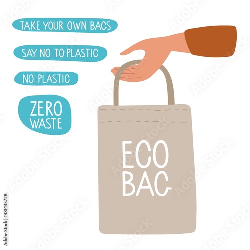 Human hand holding textile bag with Eco Bag inscription and Environmental slogans. Reusable shopping bag. Environmentally biodegradable textile bag. Colored flat cartoon vector illustration isolated.