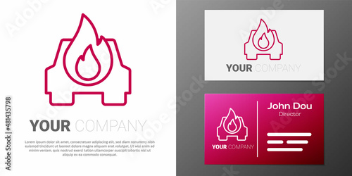 Logotype line Burning car icon isolated on white background. Car on fire. Broken auto covered with fire and smoke. Logo design template element. Vector