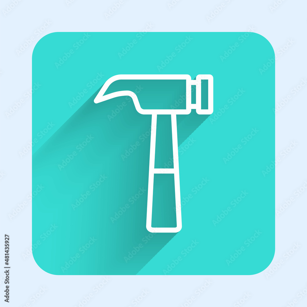 White line Hammer icon isolated with long shadow background. Tool for repair. Green square button. Vector White line Hammer icon isolated with long shadow background. Tool for repair. Green square button. Vector