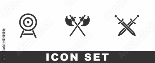 Set Target with arrow, Crossed medieval axes and sword icon. Vector