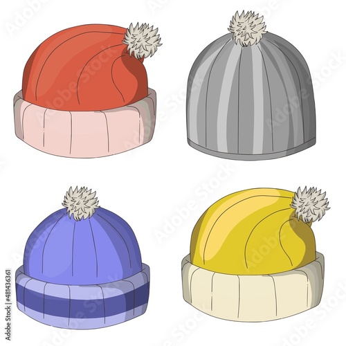 A set of winter hats. Design elements. Hats for postcards, parcels and jewelry. Vector illustration