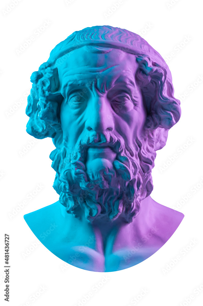 Blue pink gypsum copy of ancient statue Homer head for artists. Plaster antique sculpture of human face. Ancient greek poet and philosopher Homer is the legendary author of the poems Iliad and Odyssey - obrazy, fototapety, plakaty 