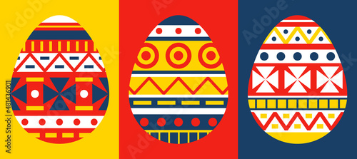 Set of postcards with decorative Easter eggs. Eggs decorated with a simple geometric pattern. Easter cards with a simple design in three colors. Vector illustration.