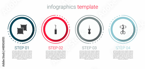 Set Textile fabric roll, Awl tool, and Scissors. Business infographic template. Vector