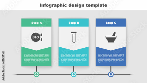 Set Bio healthy food, Test tube and flask and Mortar pestle. Business infographic template. Vector