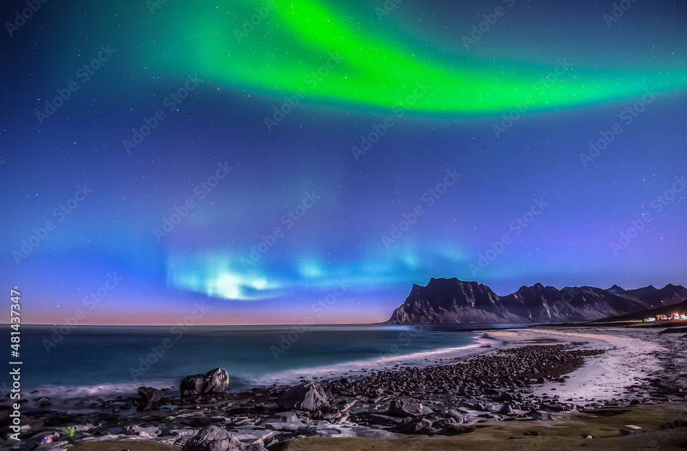 Northern lights on sky in Lofoten islands, Norway
