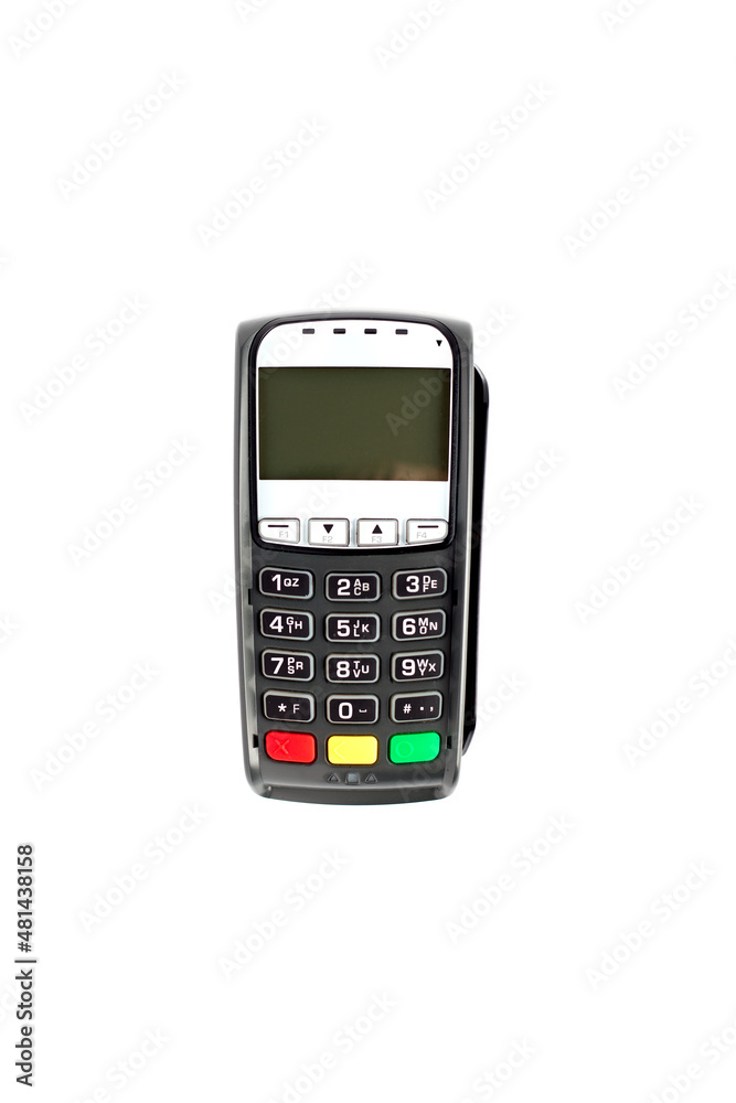 Credit card POS terminal isolated on white background. Close up of payment device, card machine Credit card POS terminal isolated on white background. Close up of payment device, card machine