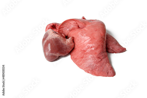 Raw pork lungs and heart on white background.