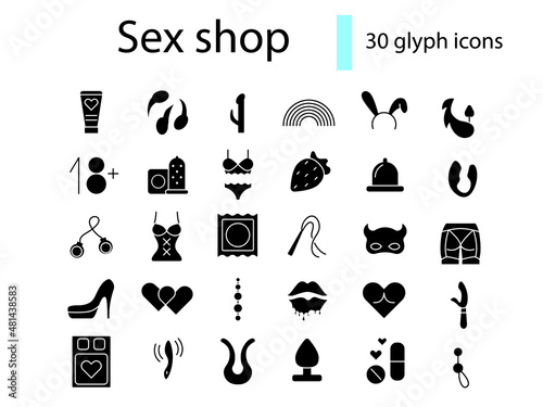 Sex shop accessories glyph icons set. Adult toys. Erotic goods. Nightlife store. Isolated vector stock illustration