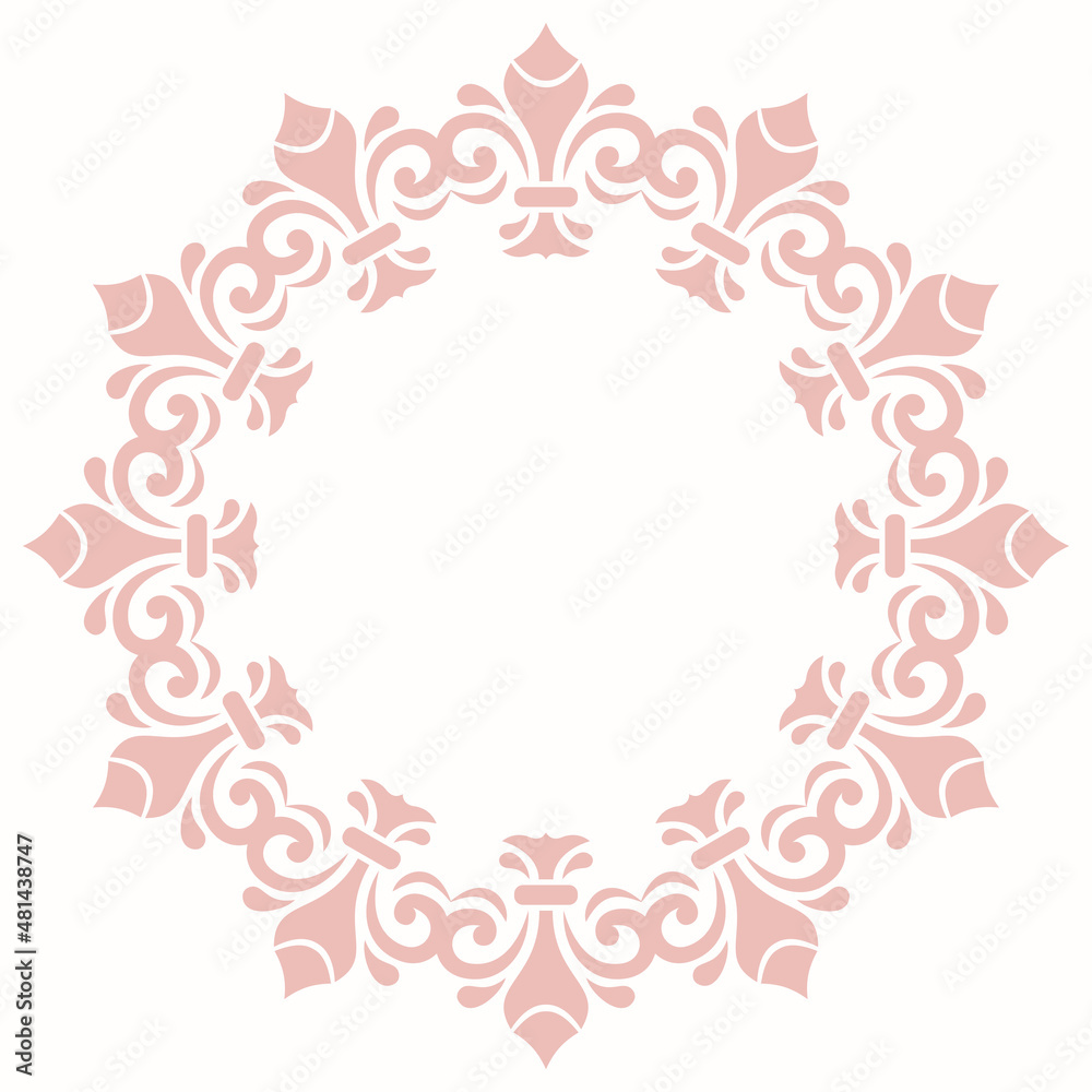 Oriental vector round frame with arabesques and floral elements. Floral pink border with vintage pattern. Greeting card with circle and place for text Oriental vector round frame with arabesques and floral elements. Floral pink border with vintage pattern. Greeting card with circle and place for text