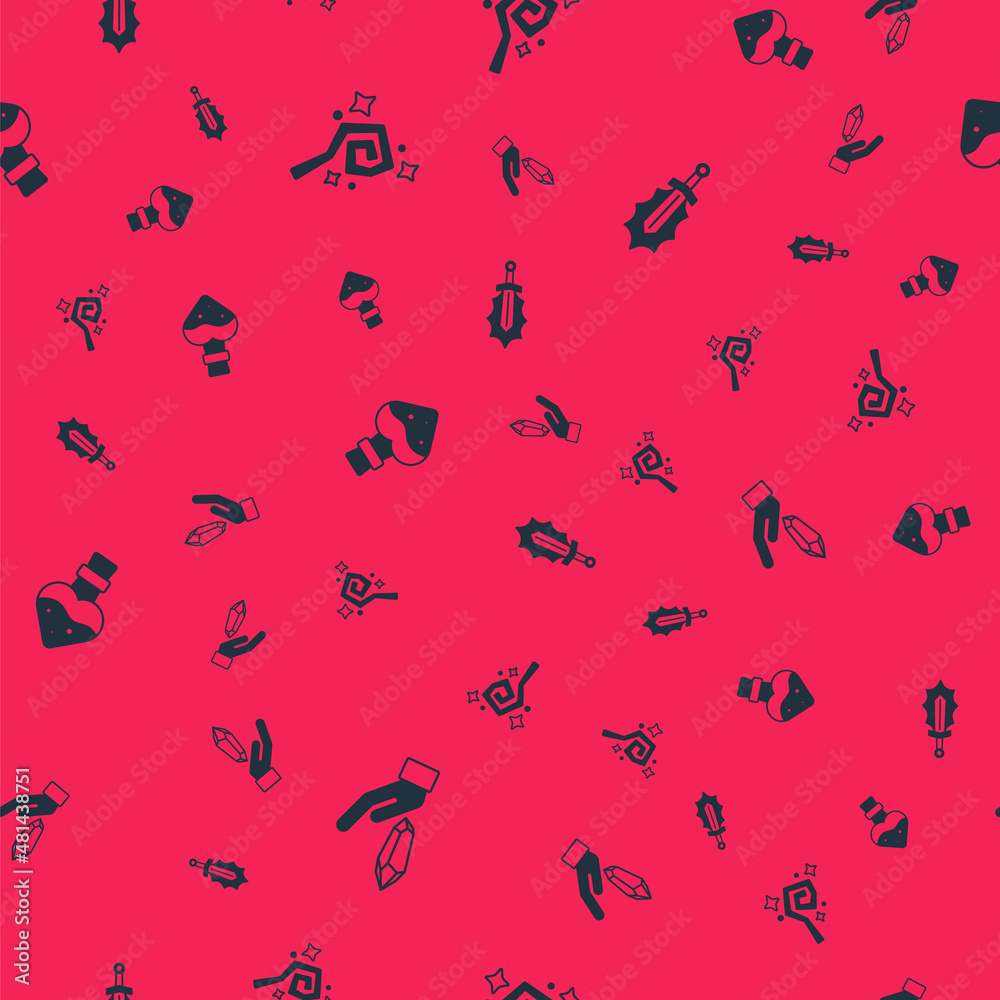Set Magic stone, staff, Bottle with potion and sword in fire on seamless pattern. Vector Set Magic stone, staff, Bottle with potion and sword in fire on seamless pattern. Vector