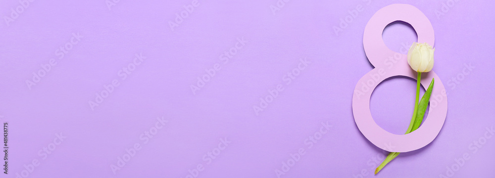 Paper figure 8 with tulip flower on lilac background with space for text. International Women's Day celebration Paper figure 8 with tulip flower on lilac background with space for text. International Women's Day celebration