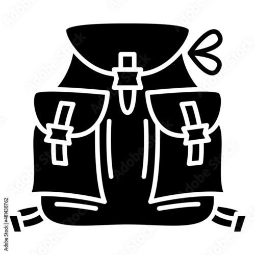 Backpack, hiking bag. Large roomy compartments outside. Backpack of a tourist, traveler, sportsman. Vector icon, glyph, silhouette, isolated