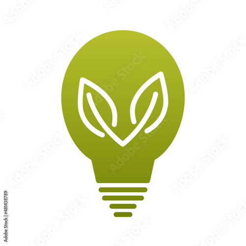 Ecological light bulb. Green lamp with leaf logo. Energy saving lamp symbol, icon. Eco Friendly. Green energy symbol