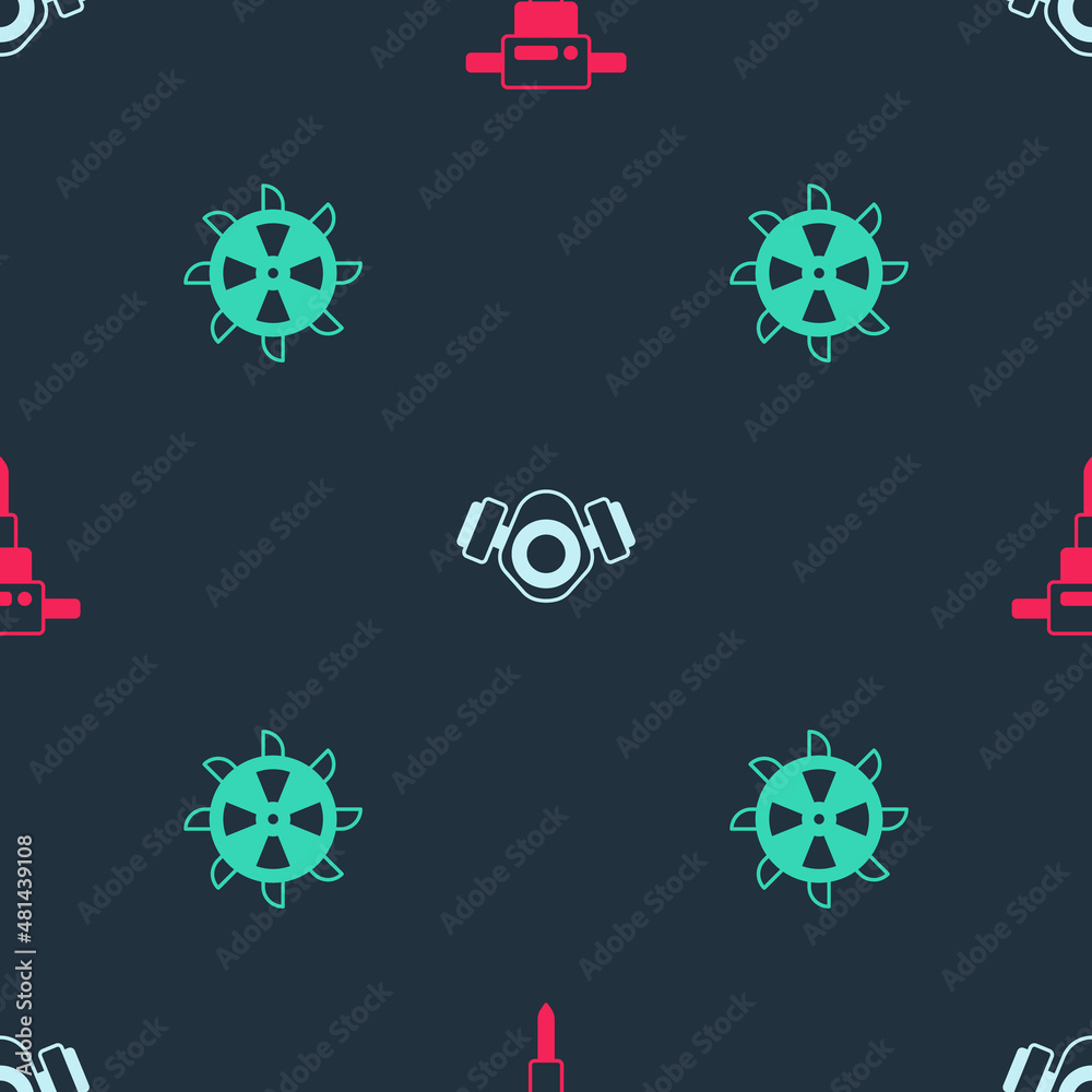 Set Construction jackhammer, Gas mask and Bucket wheel excavator on seamless pattern. Vector Set Construction jackhammer, Gas mask and Bucket wheel excavator on seamless pattern. Vector