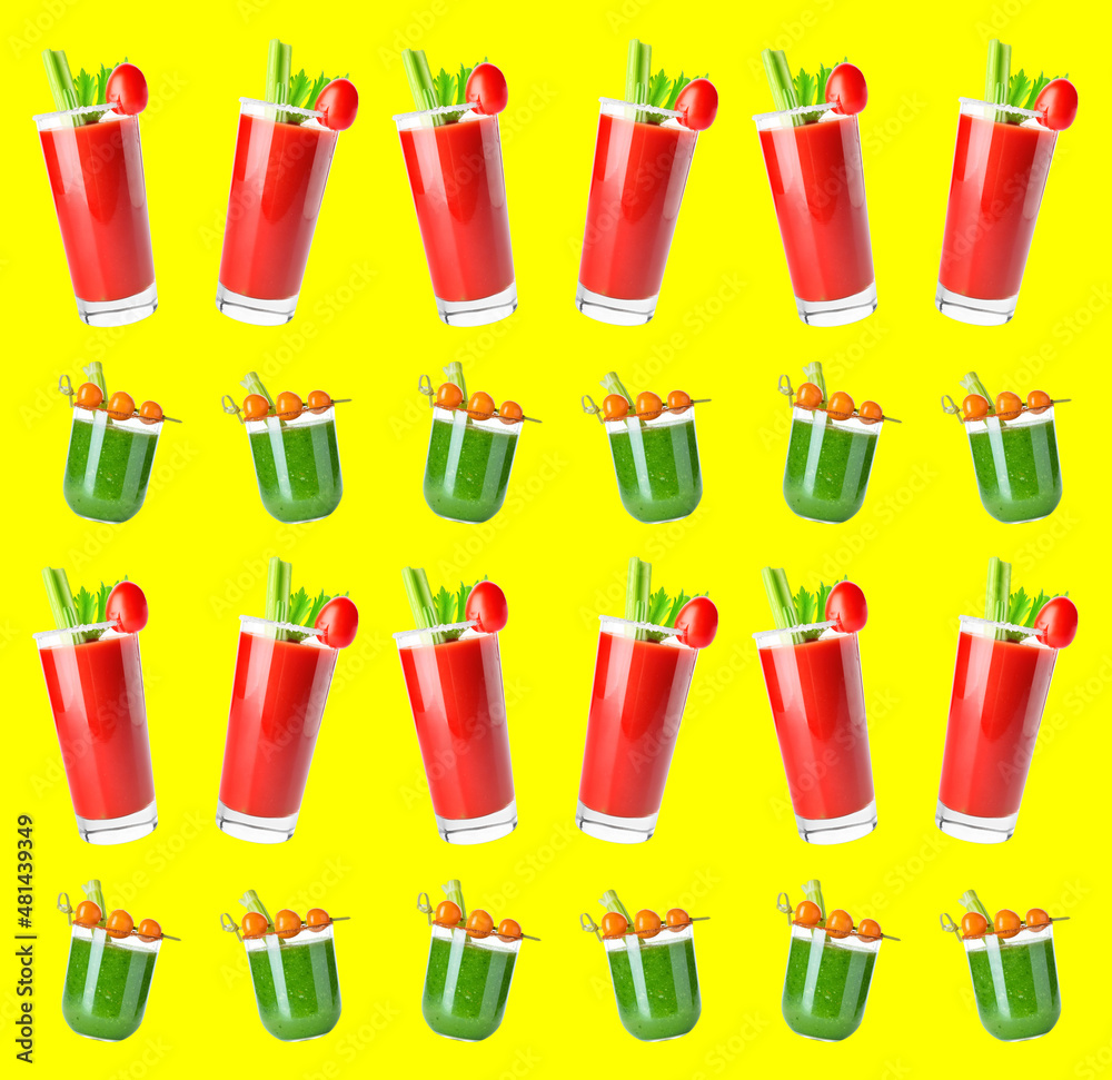 Glasses of tasty Bloody Mary cocktails on yellow background Glasses of tasty Bloody Mary cocktails on yellow background