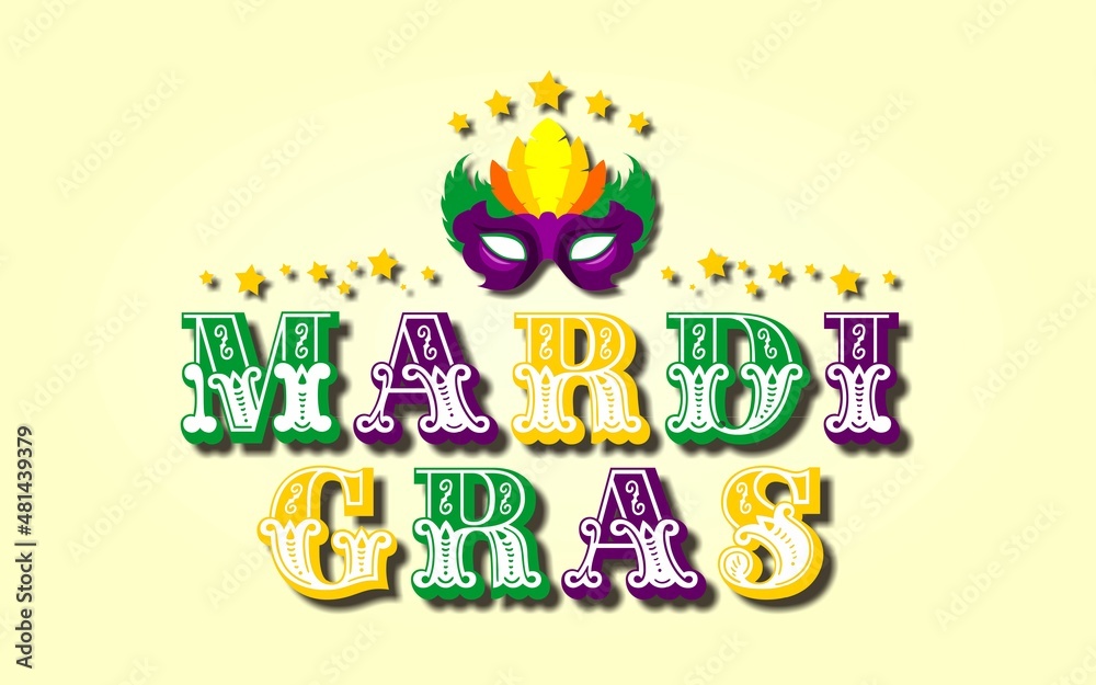 Text Effect of Mardi Gras with stars and decorative mask on beige background, vector illustration