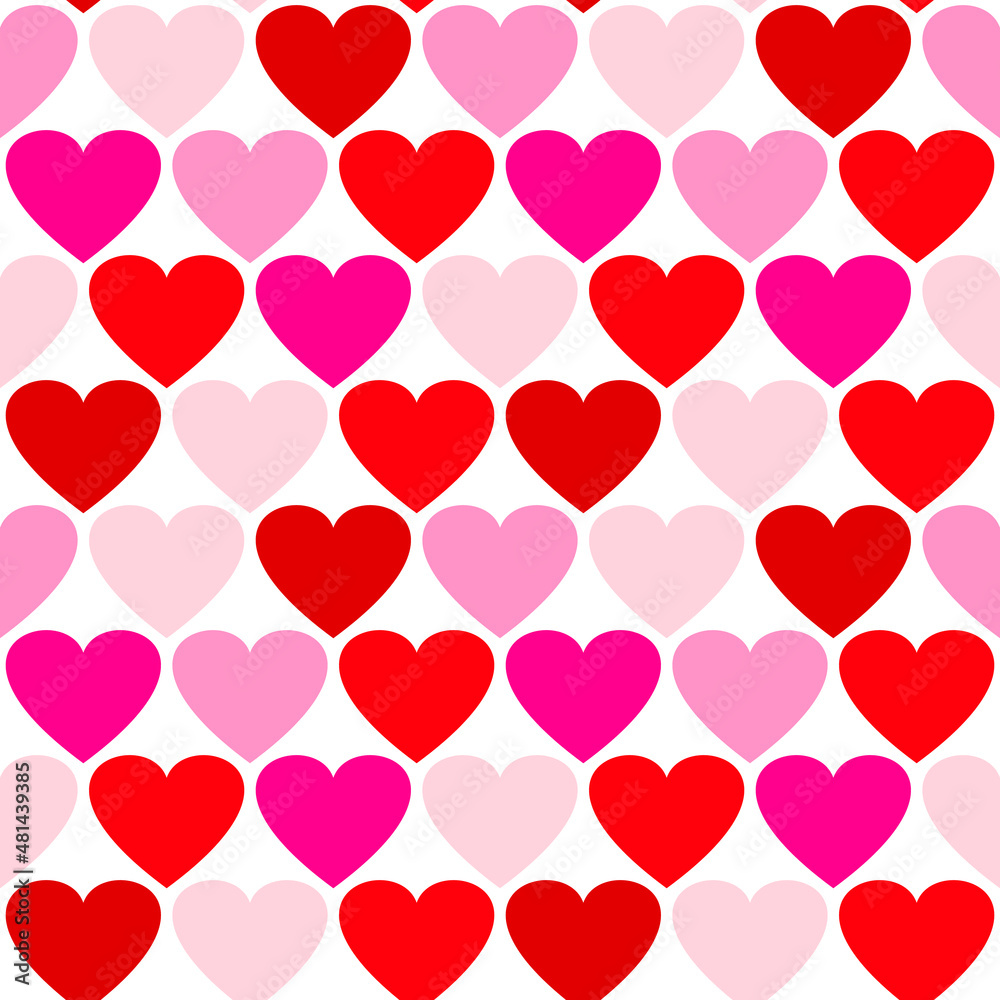 Bright pink and red hearts on a white background. Valentine's Day, love, romance. Seamless pattern, vector illustration