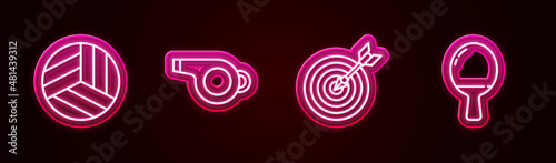 Set line Volleyball ball, Whistle, Target with arrow and Racket for playing table tennis. Glowing neon icon. Vector
