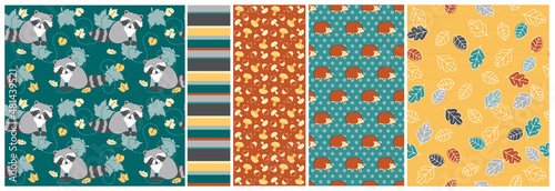 Great for back to school. These raccoons, hedgehogs, mushrooms and leaves all coordinate together. This collection would be great for backgrounds or surface designs.