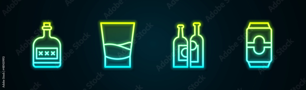 Set line Alcohol drink Rum bottle, Glass of vodka, Bottles wine and Beer can. Glowing neon icon. Vector Set line Alcohol drink Rum bottle, Glass of vodka, Bottles wine and Beer can. Glowing neon icon. Vector