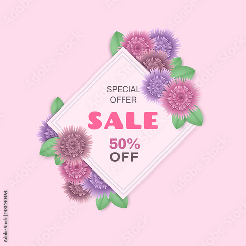 Pink spring sale background with beautiful floral. Frame, flower, foliage for banner, flyer, promotion poster, invitation, advertising template. Special offer concept. Vector illustration