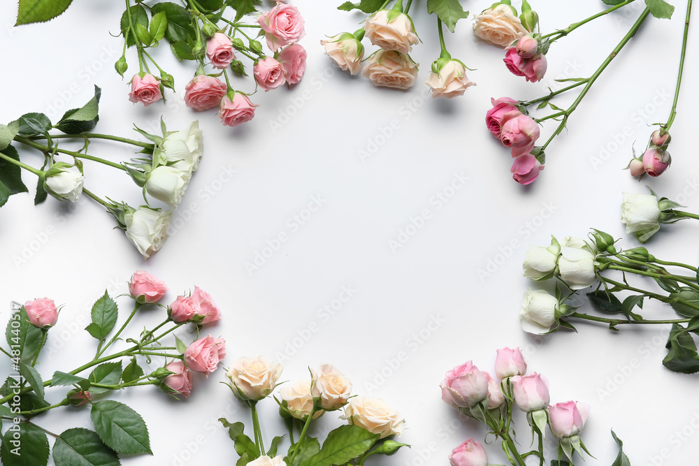 Frame made of beautiful roses on white background