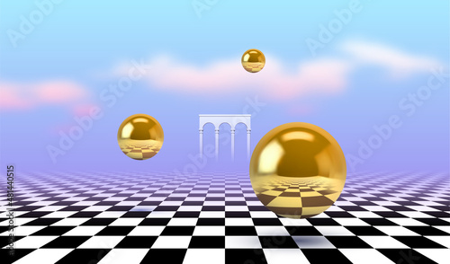 Abstract surreal concept with golden balls flying over checkered floor in vaporwave style. Calm ancient gate and clouds on the background.