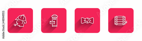 Set line Sherlock Holmes, London mail box, Bow tie and Wooden barrel with long shadow. Red square button. Vector