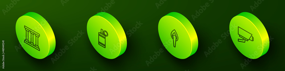 Set Isometric line Prison window, Hand grenade, Torch flame and Security camera icon. Vector Set Isometric line Prison window, Hand grenade, Torch flame and Security camera icon. Vector