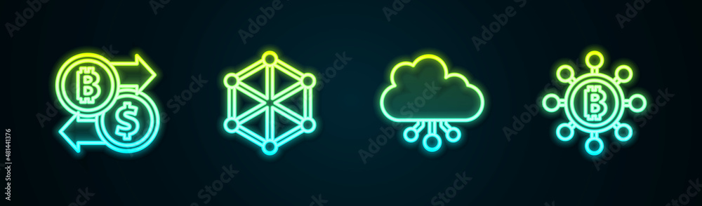 Set line Cryptocurrency exchange, Blockchain technology, cloud mining and Bitcoin. Glowing neon icon. Vector Set line Cryptocurrency exchange, Blockchain technology, cloud mining and Bitcoin. Glowing neon icon. Vector