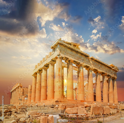 parthenon in athens green sunset clouds colors © sea and sun