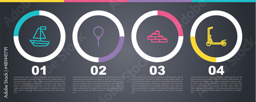 Set line Toy boat, Balloons with ribbon, building block bricks and Scooter. Business infographic template. Vector