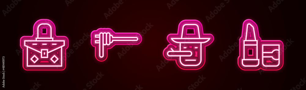 Set line Handbag, Pasta spaghetti, Pinocchio and Lipstick. Glowing neon icon. Vector Set line Handbag, Pasta spaghetti, Pinocchio and Lipstick. Glowing neon icon. Vector