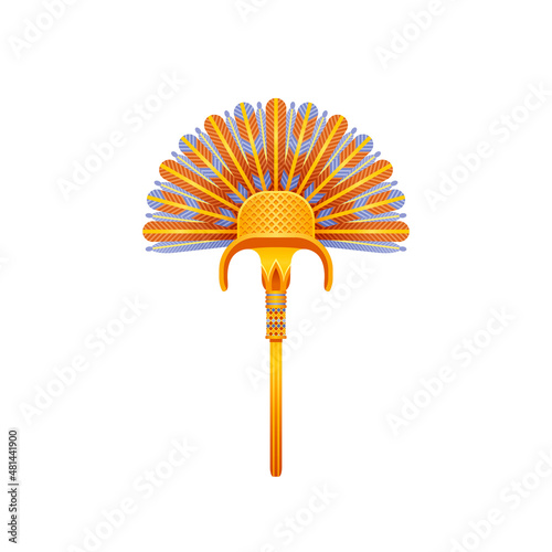 Egyptian fan illustration. Pharaoh feather fan. Ancient art vector icon. Goddess Isis or queen Cleopatra artifact. Sun and lotus, feather historical design. Old 3d antique egypt icon