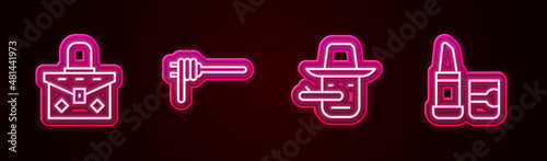 Set line Handbag, Pasta spaghetti, Pinocchio and Lipstick. Glowing neon icon. Vector
