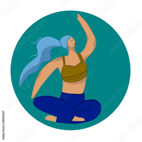 Vector illustration of a sports girl who sits in a lotus position, a flat illustration