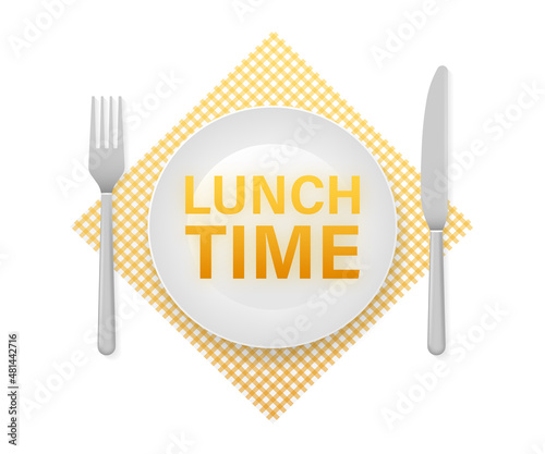 Flat icon with lunch time on white background for cover design. Cooking background. Vector icon. Vector logo.