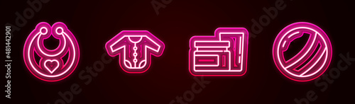 Set line Baby bib, clothes, food and Beach ball. Glowing neon icon. Vector