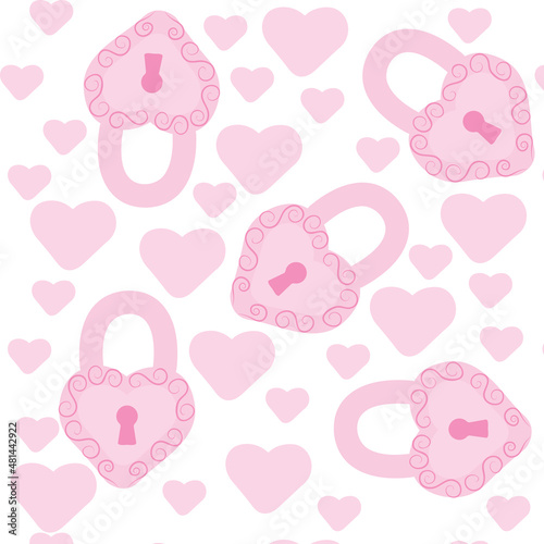 Pink decorative lock in the shape of a heart. Seamless pattern. Pattern for romantic design. Vector illustration isolated on white background.