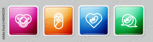 Set line Baby dummy pacifier, Newborn baby infant swaddled, inside heart and . Colorful square button. Vector