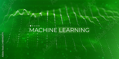 Machine learning concept. Abstract green particle background. Flow wave with dot landscape. Digital data structure. Future mesh or sound grid. Pattern point visualization.