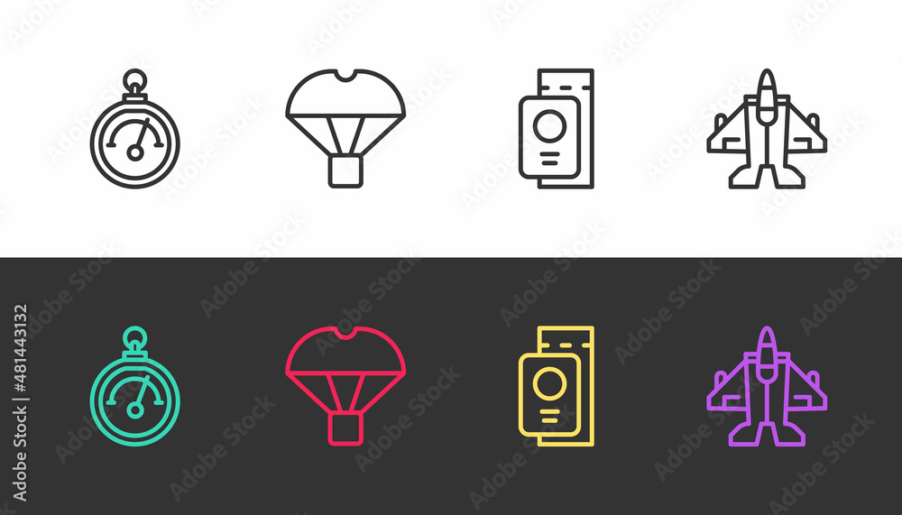 Set line Barometer, Box flying on parachute, Passport with ticket and Jet fighter on black and white. Vector Set line Barometer, Box flying on parachute, Passport with ticket and Jet fighter on black and white. Vector