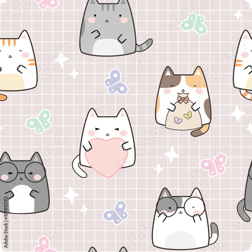 Seamless Kawaii Cute Cats with butterfly, Cartoon Animals Pattern design for scrapbooking, decoration, cards, paper goods, background, wallpaper, wrapping, fabric and all your creative projects 