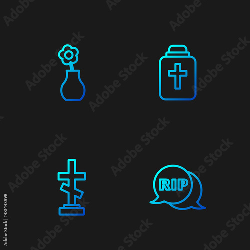 Set line Speech bubble rip death, Grave with cross, Flower in vase and Funeral urn. Gradient color icons. Vector