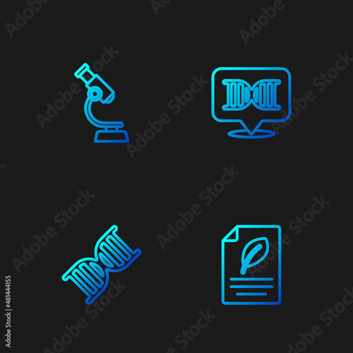 Set line Eco paper with leaf, DNA symbol, Microscope and . Gradient color icons. Vector © Kostiantyn